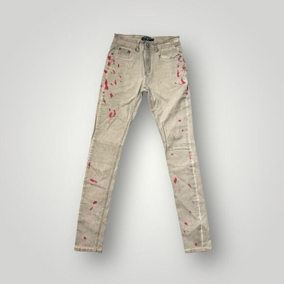 Serenade KILL BILL Men’s Jeans Size 28 L31 Beige with Red Paint - Picture 1 of 9
